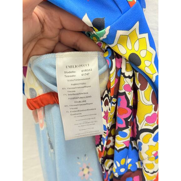 Emilio Pucci Blue Surplice Floral Print Dress Costal Beach Resort Vacation US 10 - Picture 8 of 12